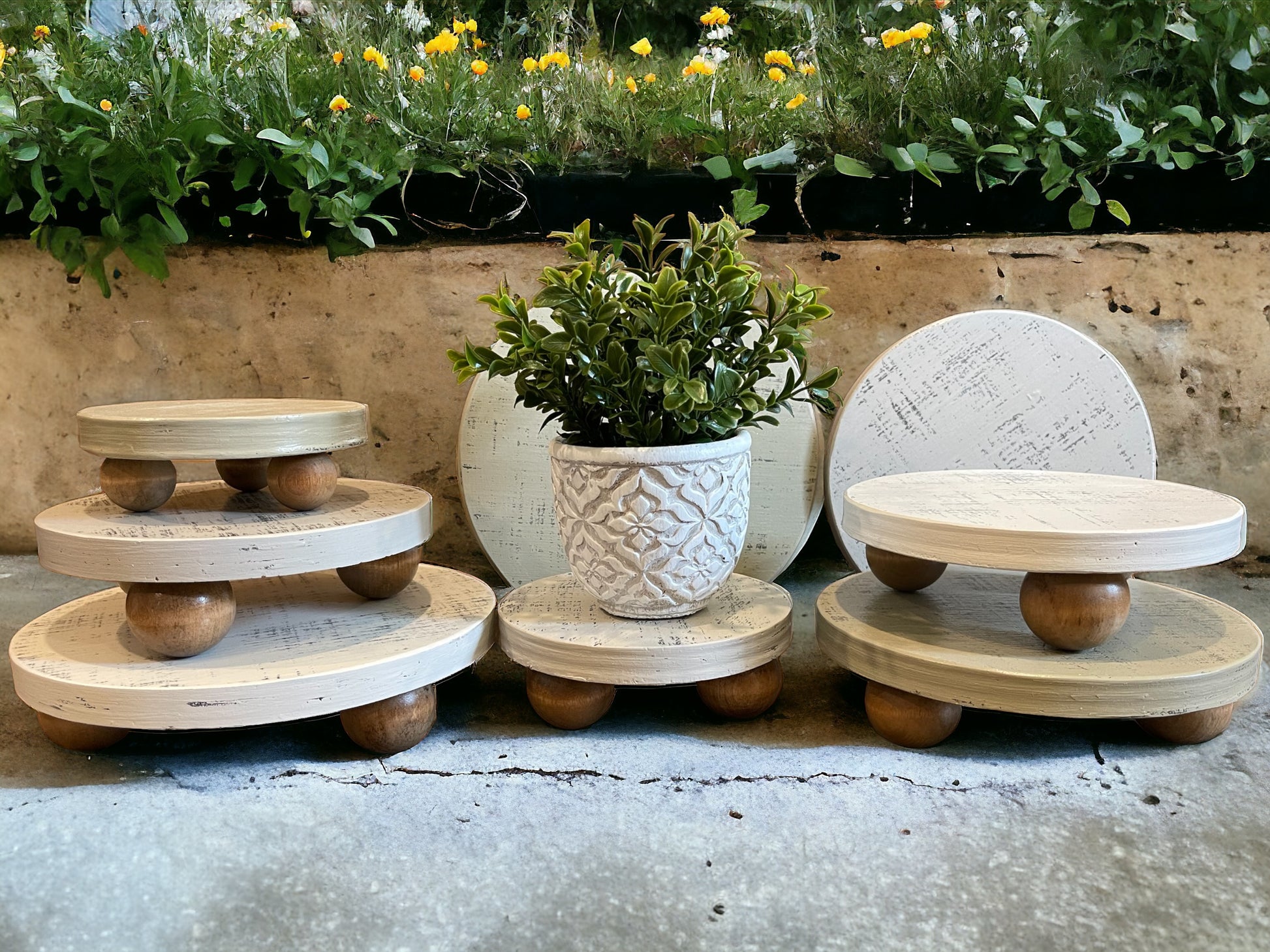 Wood Riser Pedestal Stand-Rustic Distressed Farmhouse Style-Plant Stand, Soap Dispenser Tray, Table Centerpiece-Round-Kitchen Bathroom - Wooden Hearts Inc
