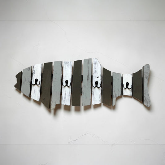 COAT RACK FISH Wood Towel, 4 metal hooks Lake Home Wall Cabin Distressed Blue Fisherman