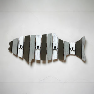 COAT RACK FISH Wood Towel, 4 metal hooks Lake Home Wall Cabin Distressed Blue Fisherman