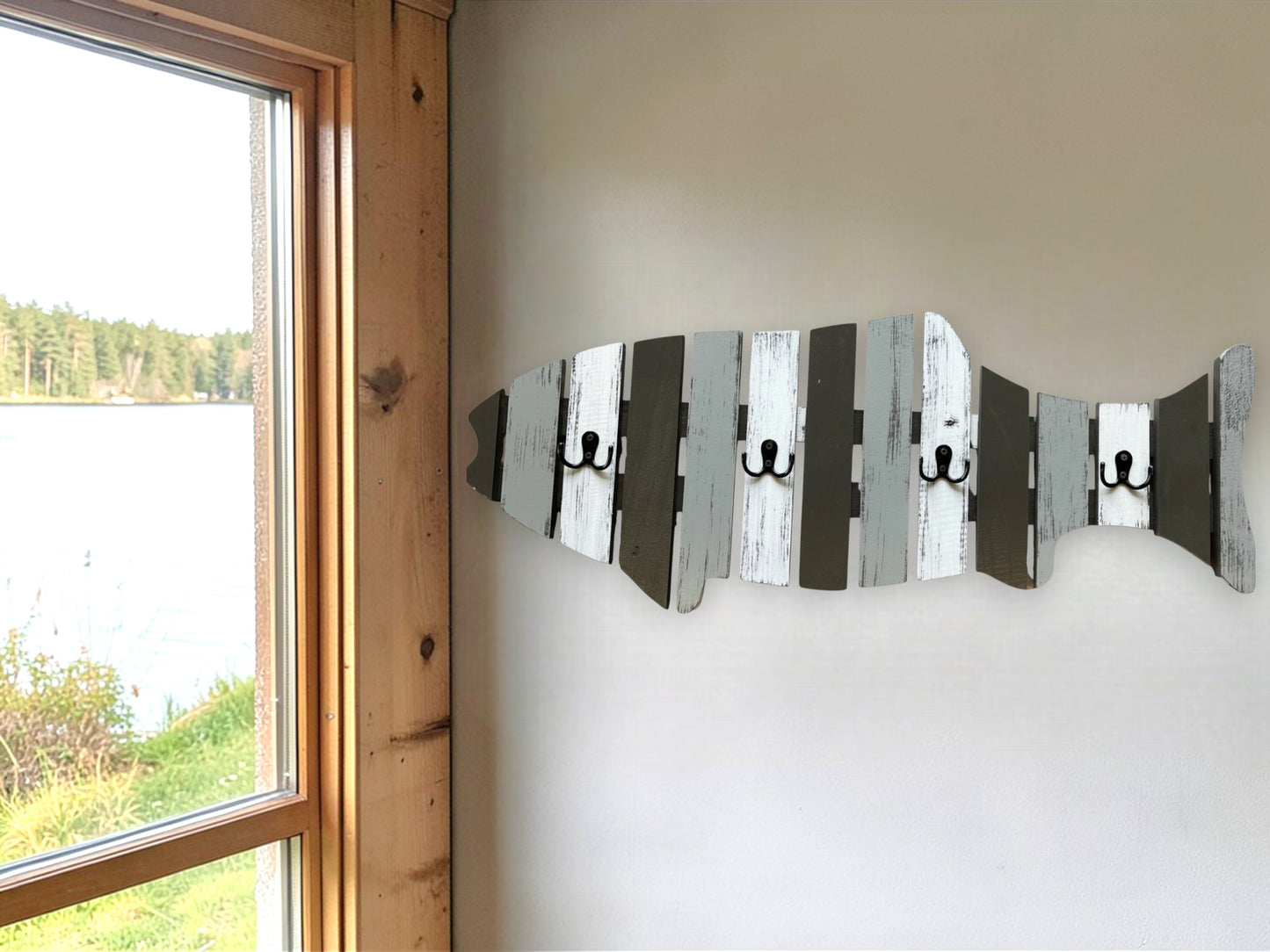 COAT RACK FISH Wood Towel, 4 metal hooks Lake Home Wall Cabin Distressed Red Fisherman