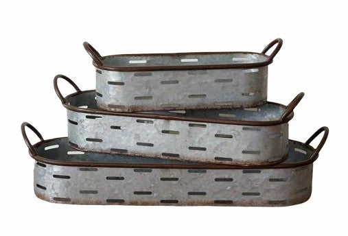 Galvanized Olive Tray with Handles Modern Farmhouse Table Centerpiece Decor, Oval Bread Tray, Metal Country - Wooden Hearts Inc