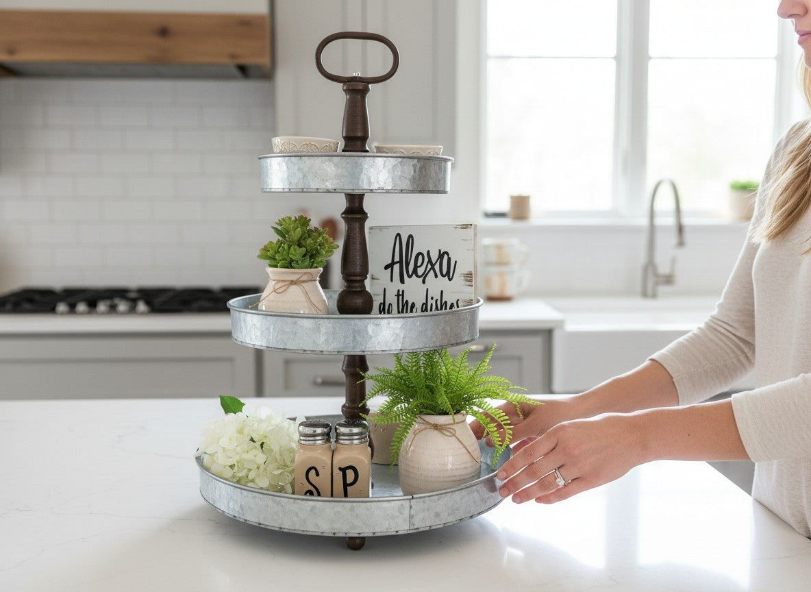Wooden Hearts Inc galvanized metal 3 tiered farmhouse tray with rustic wood accents and decorative items.