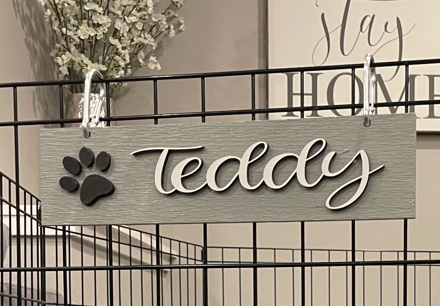 DOG Sign Kennel Custom Name Cat Puppy Kitten Bed 12x3 Wood Hanger Paw Personalize Gift Home - Wooden Hearts Inc