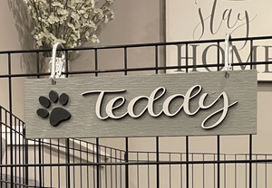 DOG Sign Kennel Custom Name Cat Puppy Kitten Bed 12x3 Wood Hanger Paw Personalize Gift Home - Wooden Hearts Inc