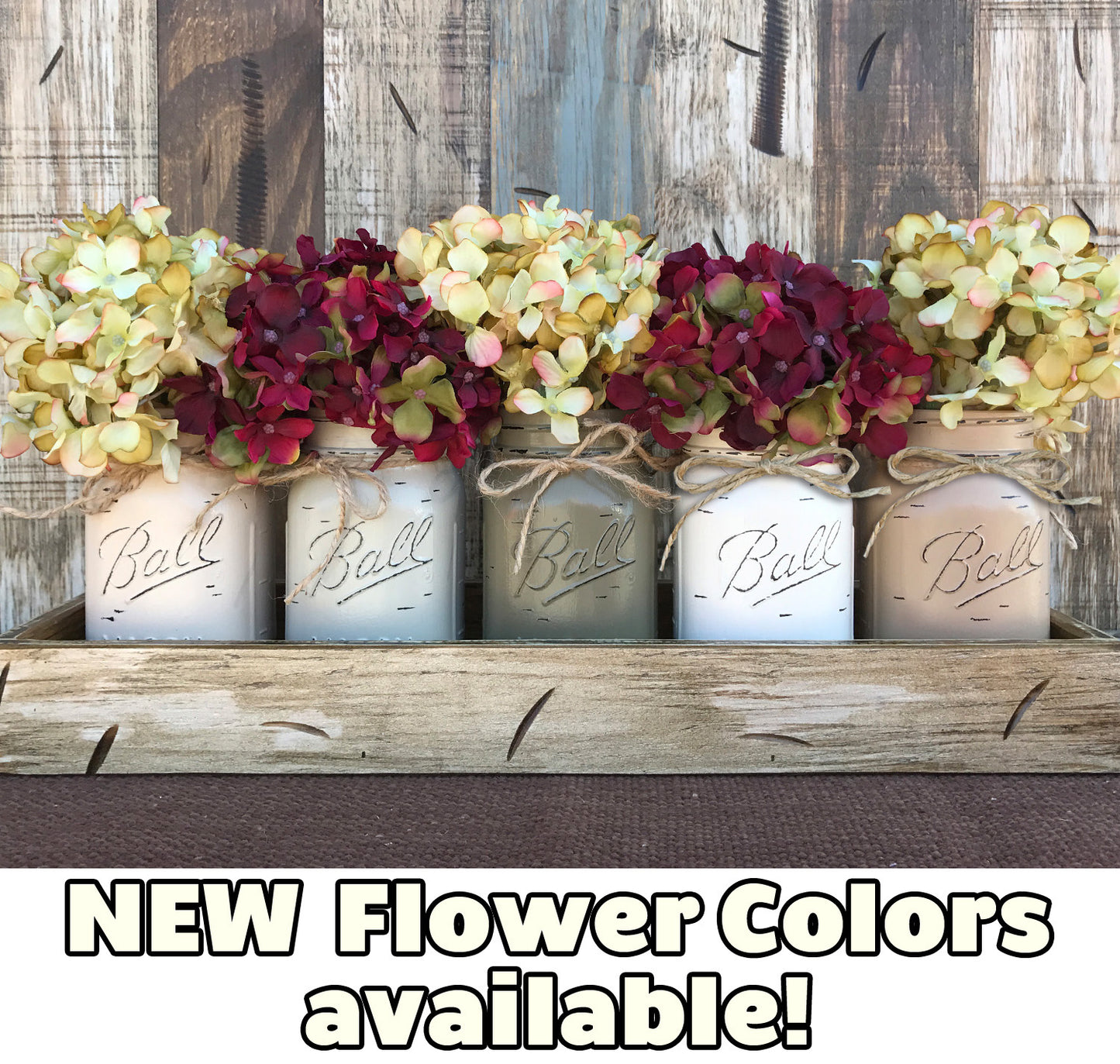 MASON Jar Decor Centerpiece Large Tray + 5 Pint Jars (Flowers optional) Table Decor - Wooden Hearts Inc