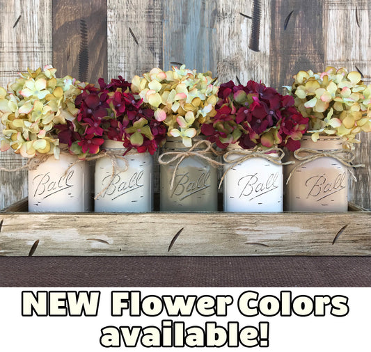 MASON Jar Decor Centerpiece Large Tray + 5 Pint Jars (Flowers optional) Table Decor - Wooden Hearts Inc