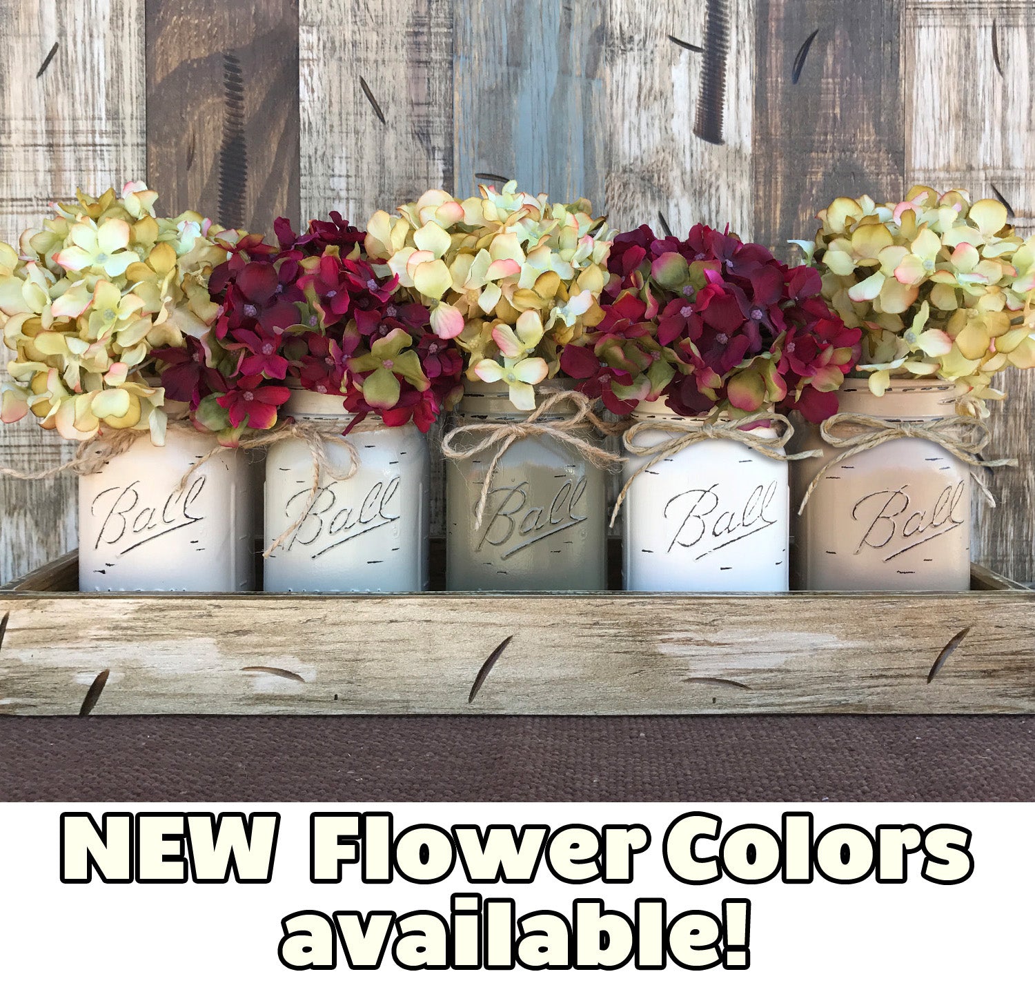 MASON Jar Decor Centerpiece Large Tray + 5 Pint Jars (Flowers optional) Table Decor - Wooden Hearts Inc