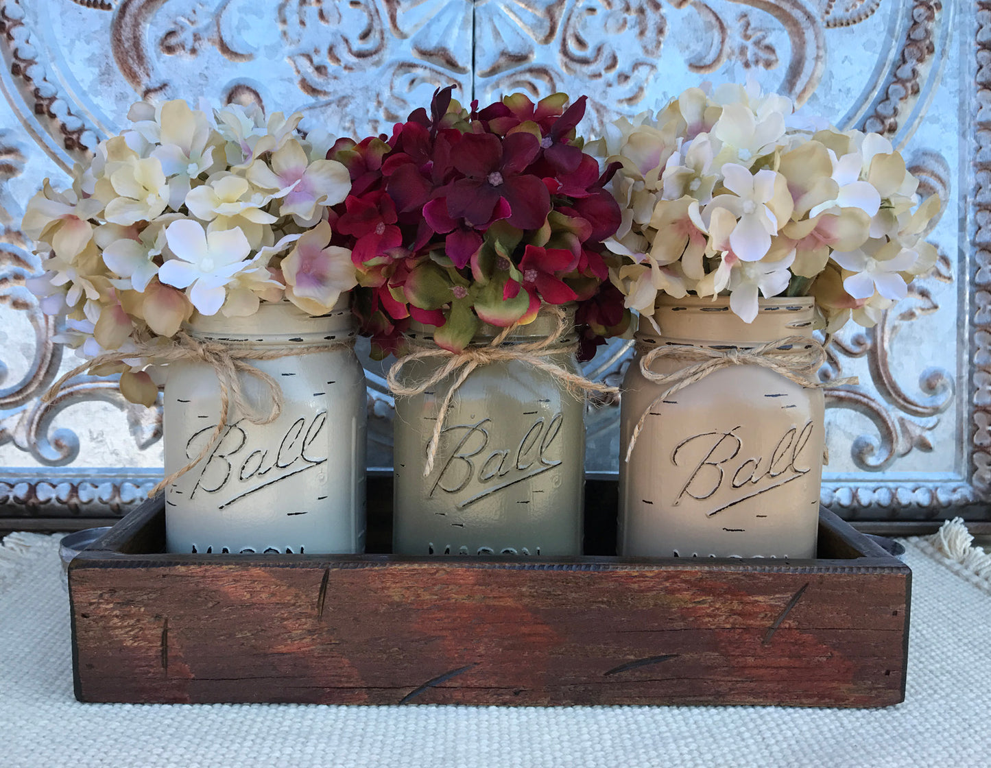 MASON Jar Decor Table Centerpiece Wood TRAY + 3 Ball Pint Jars Distressed (Flowers optional) - Wooden Hearts Inc