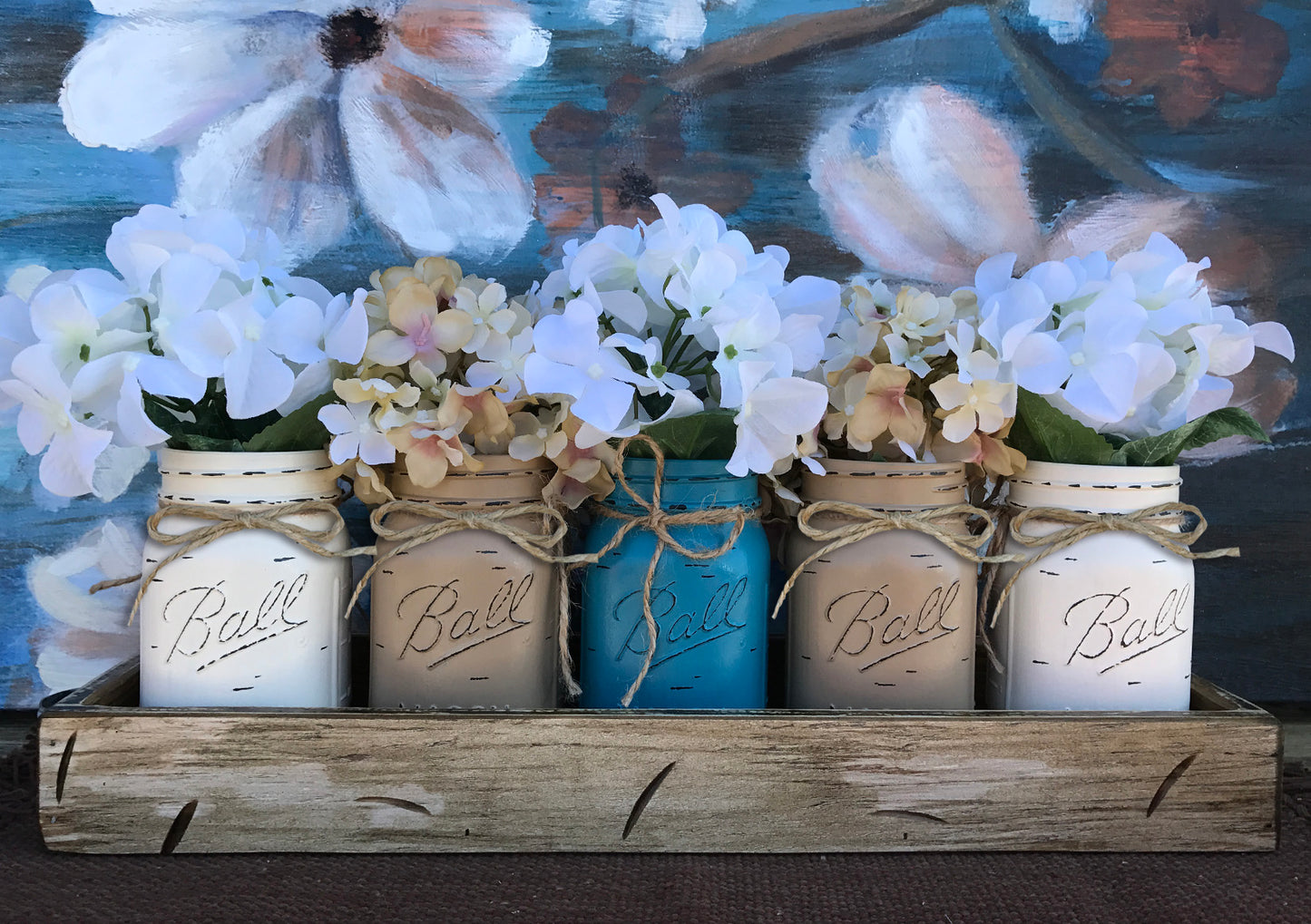 MASON Jar Decor Centerpiece Large Tray + 5 Pint Jars (Flowers optional) Table Decor - Wooden Hearts Inc