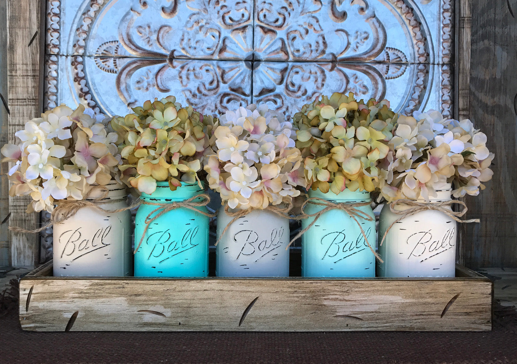 MASON Jar Decor Centerpiece Large Tray + 5 Pint Jars (Flowers optional) Table Decor - Wooden Hearts Inc