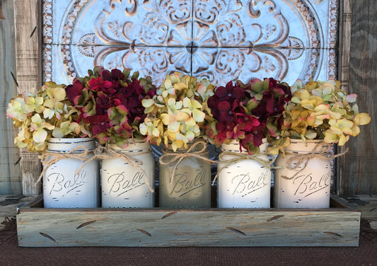 MASON Jar Decor Centerpiece Large Tray + 5 Pint Jars (Flowers optional) Table Decor - Wooden Hearts Inc