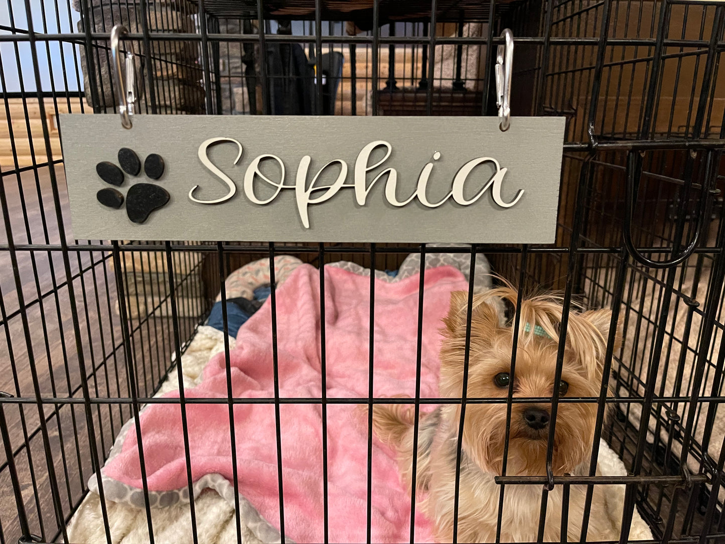 DOG Sign Kennel Custom Name Cat Puppy Kitten Bed 12x3 Wood Hanger Paw Personalize Gift Home - Wooden Hearts Inc