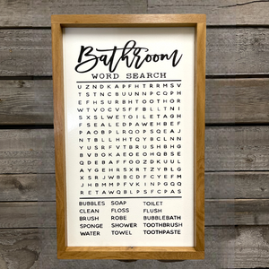 Sign Bathroom Word Search 21”x13”Oak Framed Wall Hanging Bath - Wooden Hearts Inc