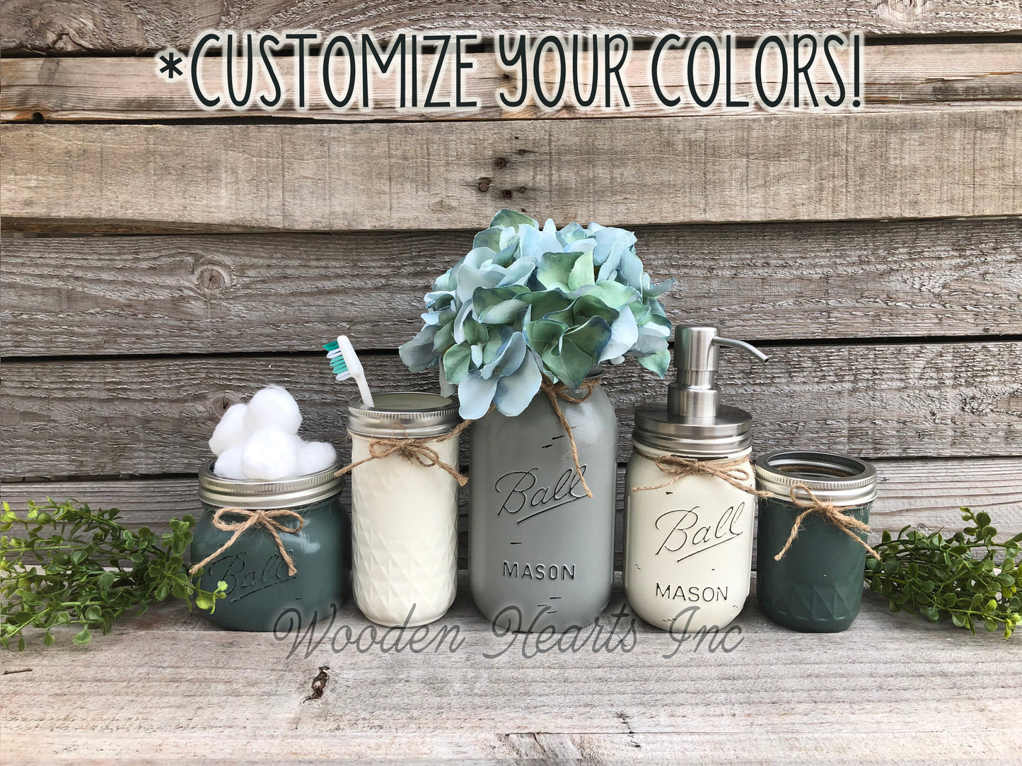 6 piece MASON Jar Bathroom Decor SET, Soap Pump Makeup Toothbrush Cotton Holder Flower - Wooden Hearts Inc