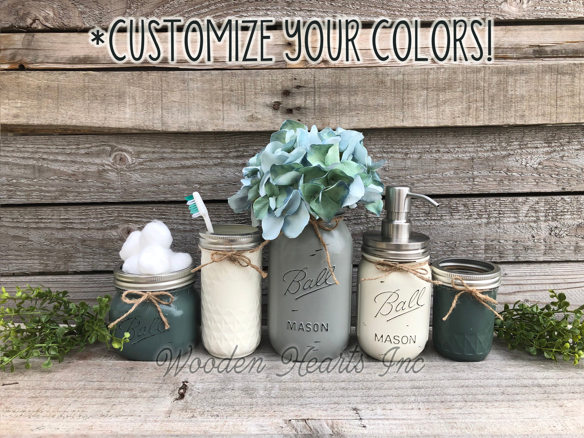 6 piece MASON Jar Bathroom Decor SET, Soap Pump Makeup Toothbrush Cotton Holder Flower - Wooden Hearts Inc