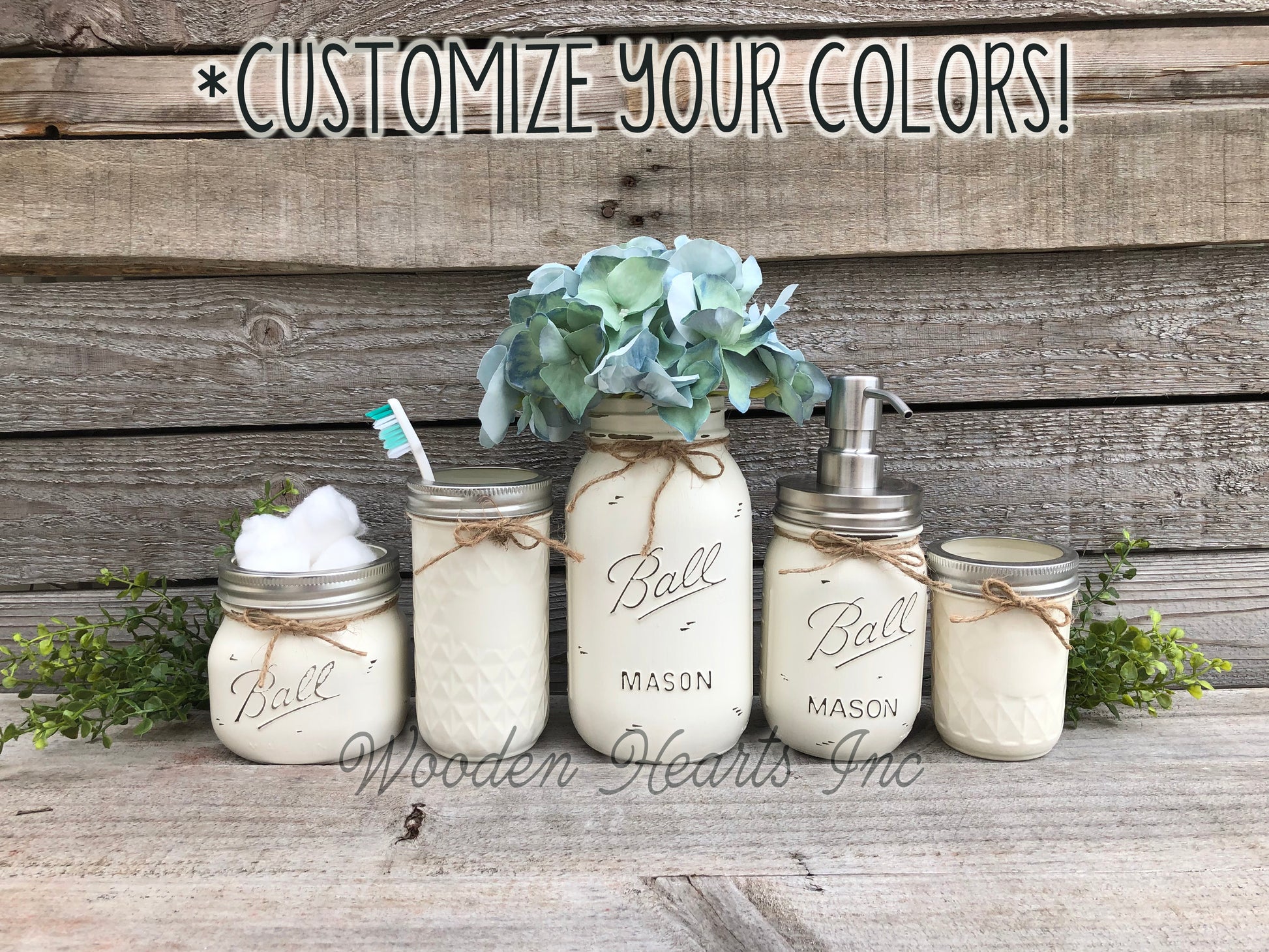 6 piece MASON Jar Bathroom Decor SET, Soap Pump Makeup Toothbrush Cotton Holder Flower - Wooden Hearts Inc