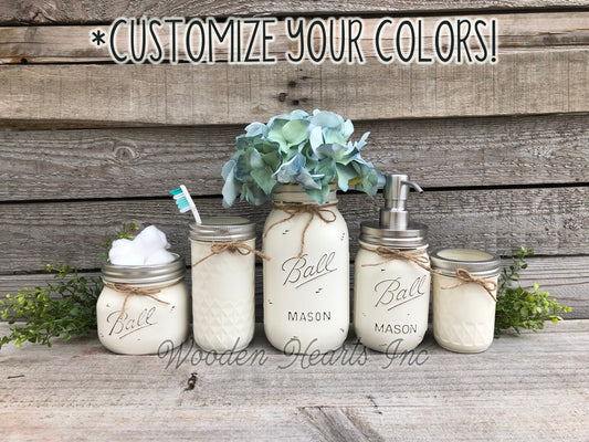 6 piece MASON Jar Bathroom Decor SET, Soap Pump Makeup Toothbrush Cotton Holder Flower - Wooden Hearts Inc