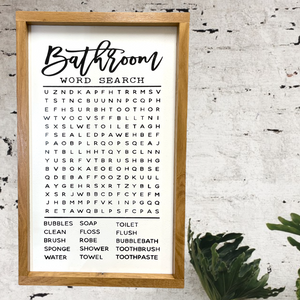 Sign Bathroom Word Search 21”x13”Oak Framed Wall Hanging Bath - Wooden Hearts Inc