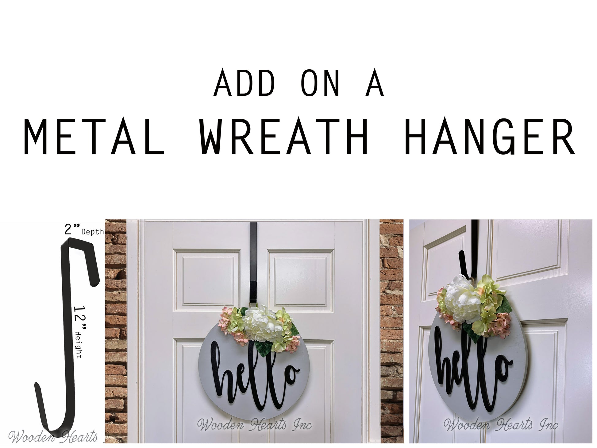 METAL DOOR HANGER, Wreath Holder, Black, 12 inches, Over the Door Hook - Wooden Hearts Inc