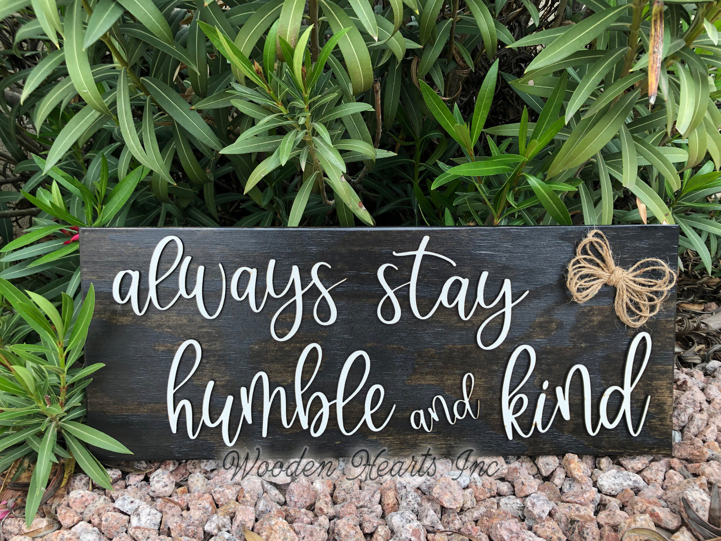Always Stay Humble and Kind 3D Wood Horizontal Wall Home Sign With Jute Rope 9x24 - Wooden Hearts Inc
