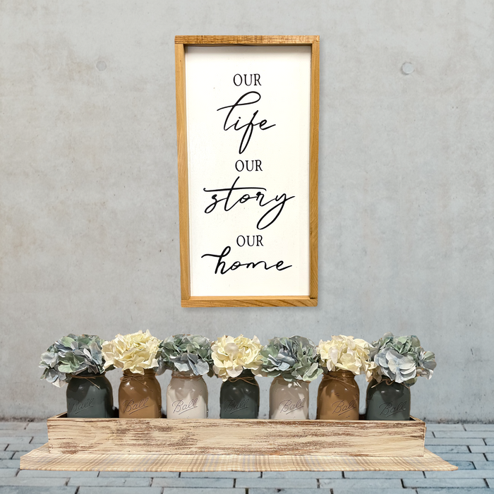 Sign Our Life Our Story Our Home Framed in solid Oak 25”x13” wall hanger Gift bedroom