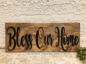 Bless Our Home 3D Wood Horizontal Wall Home Sign 9x24 Inspirational - Wooden Hearts Inc