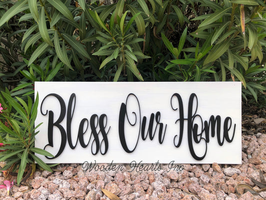 Bless Our Home 3D Wood Horizontal Wall Home Sign 9x24 Inspirational - Wooden Hearts Inc