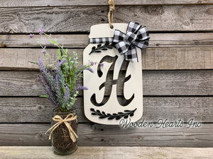 Mason Jar Letter with Bow Kitchen Wall Decor Sign Last Name Family Wood Monogram Gift - Wooden Hearts Inc