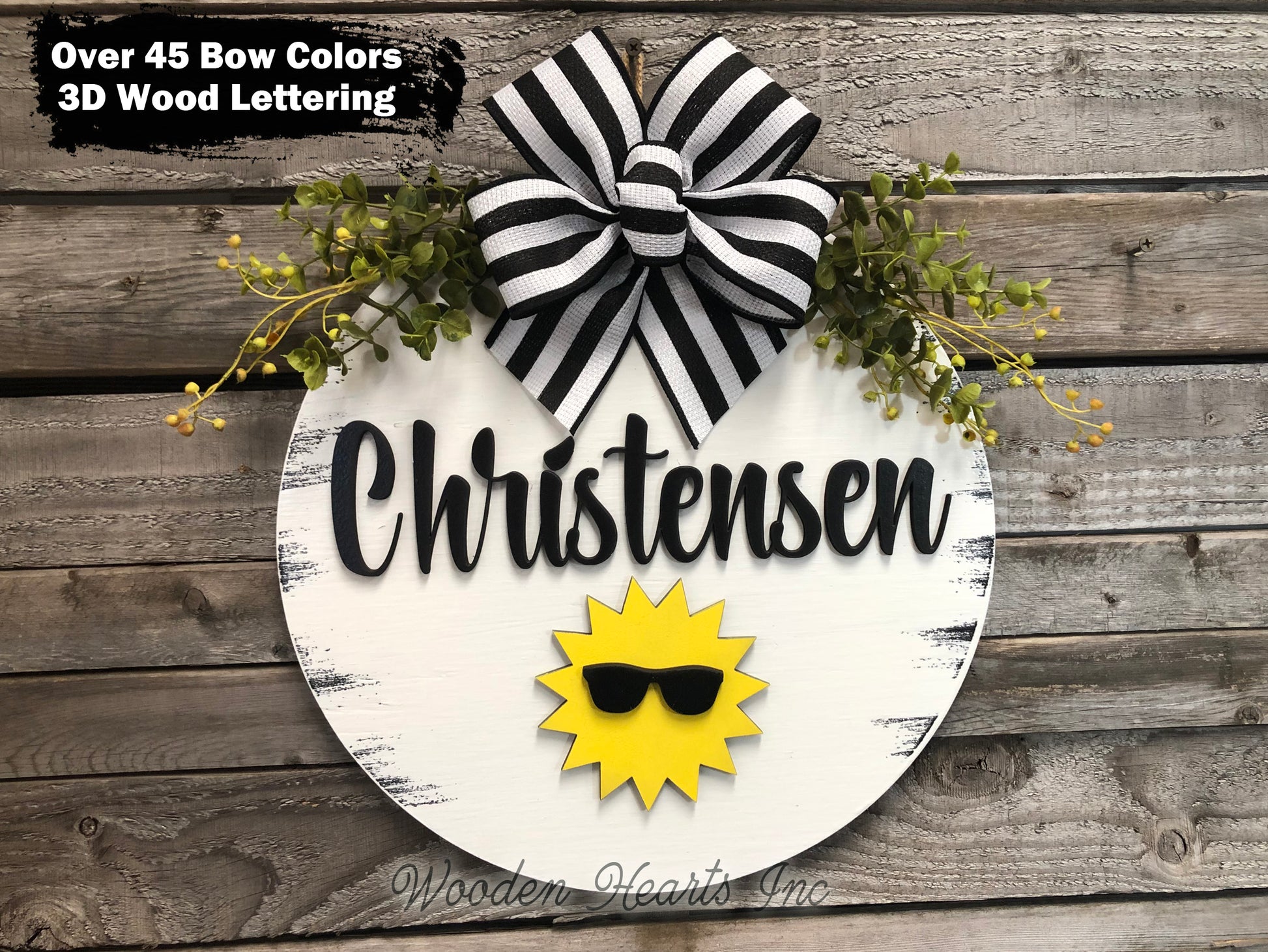 PERSONALIZED Season Changer + Interchangeable piece Door Hanger Welcome Wreath Custom 14" Round Sign - Wooden Hearts Inc