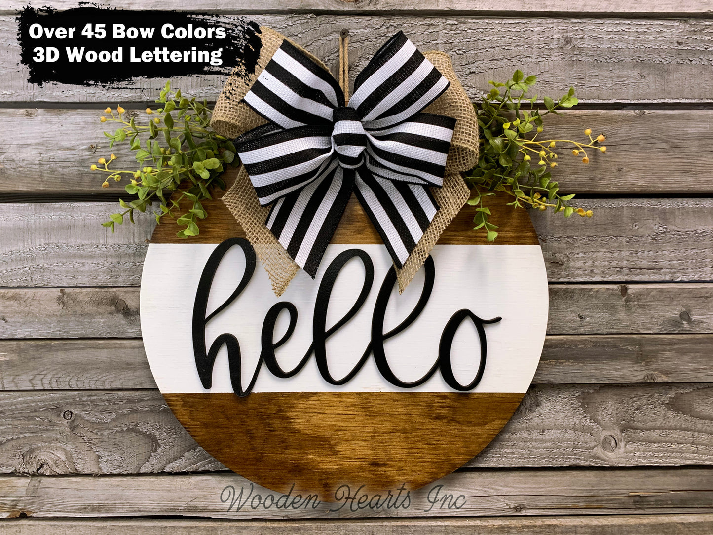 Hello Door Hanger with STRIPE Wreath 16" Everyday All year Round Sign - Wooden Hearts Inc