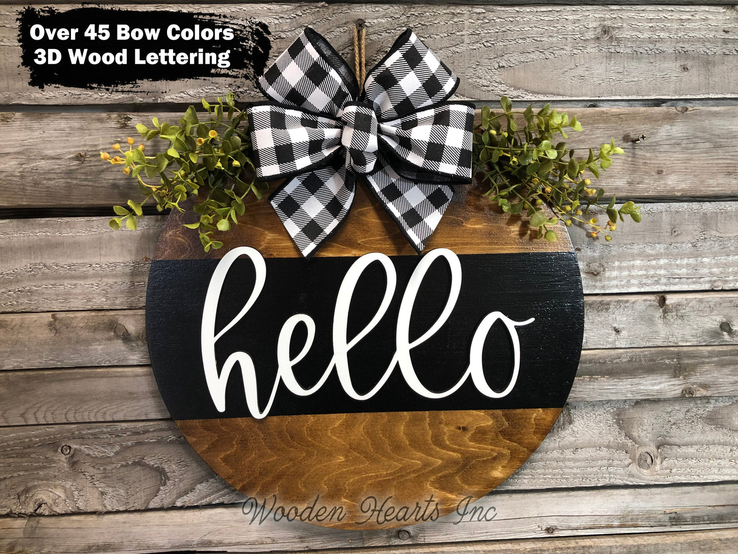 Hello Door Hanger with STRIPE Wreath 16" Everyday All year Round Sign - Wooden Hearts Inc
