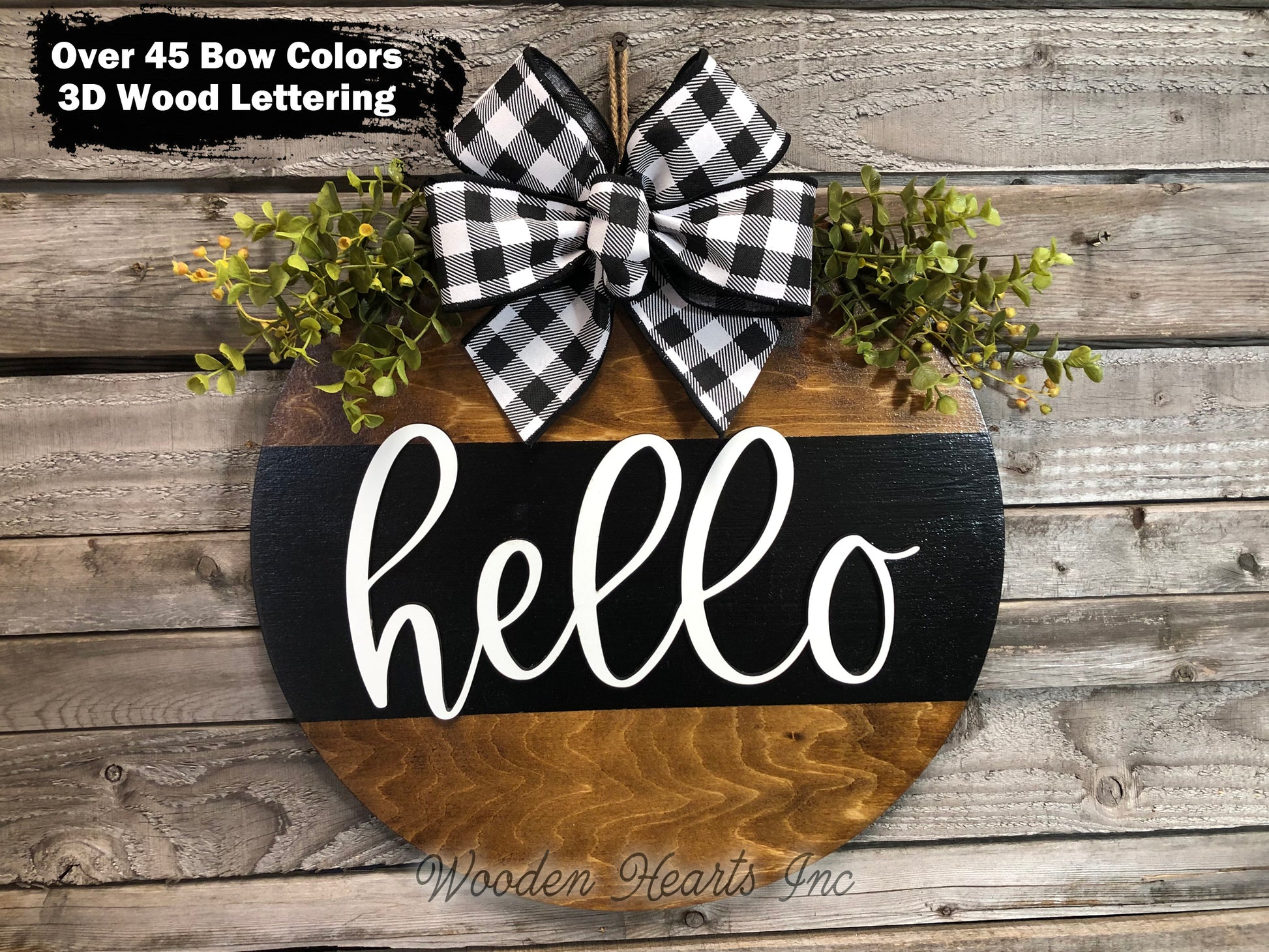 Hello Door Hanger with STRIPE Wreath 16" Everyday All year Round Sign - Wooden Hearts Inc