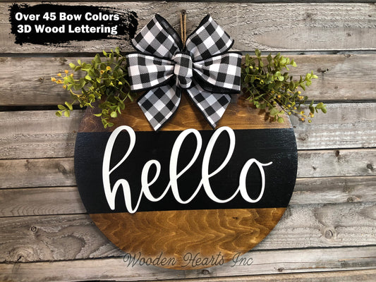 Hello Door Hanger with STRIPE Wreath 16" Everyday All year Round Sign - Wooden Hearts Inc