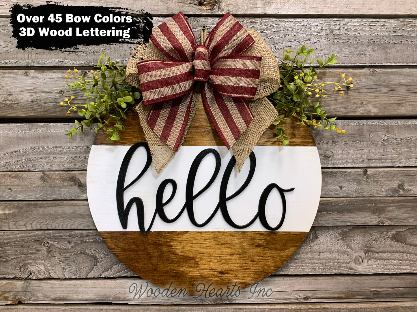 Hello Door Hanger with STRIPE Wreath 16" Everyday All year Round Sign - Wooden Hearts Inc