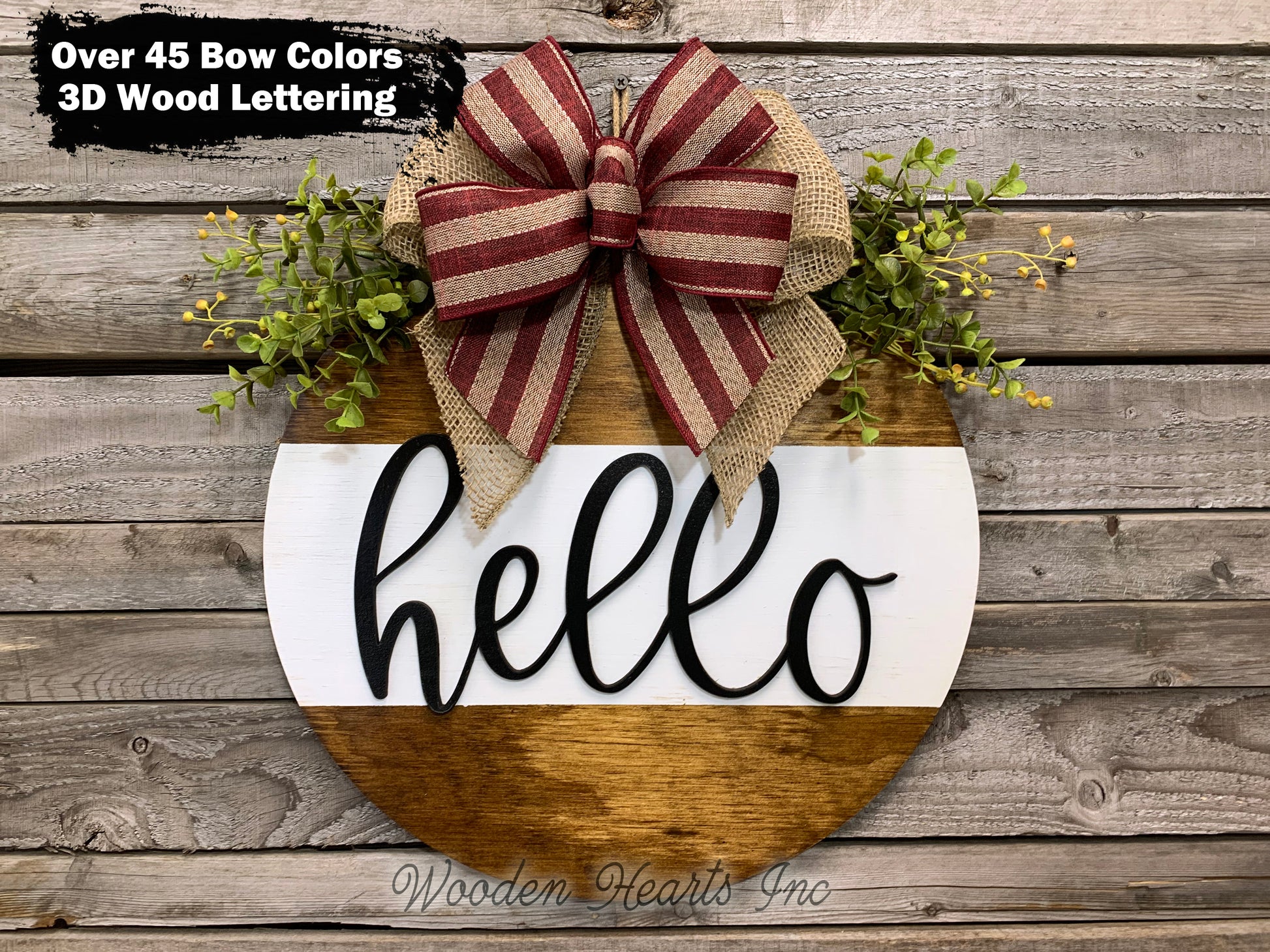 Hello Door Hanger with STRIPE Wreath 16" Everyday All year Round Sign - Wooden Hearts Inc