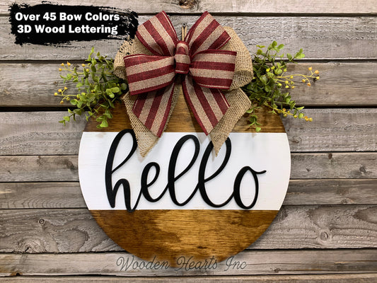 Hello Door Hanger with STRIPE Wreath 16" Everyday All year Round Sign - Wooden Hearts Inc
