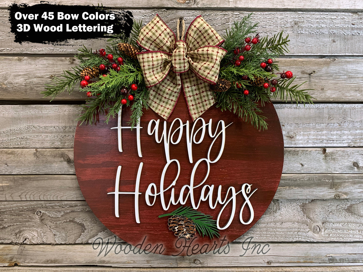Happy Holidays Door Hanger Merry Christmas, Seasons Greetings, Wreath Custom 16" Round Sign - Wooden Hearts Inc