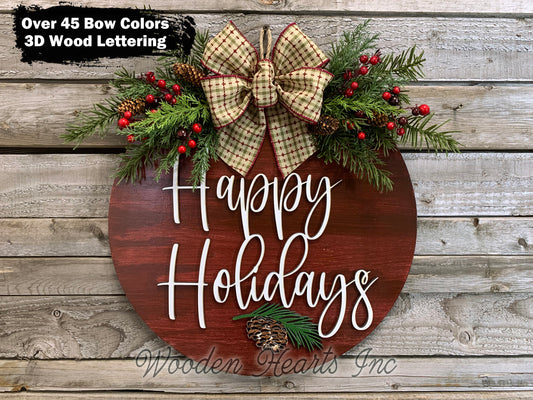 Happy Holidays Door Hanger Merry Christmas, Seasons Greetings, Wreath Custom 16" Round Sign - Wooden Hearts Inc
