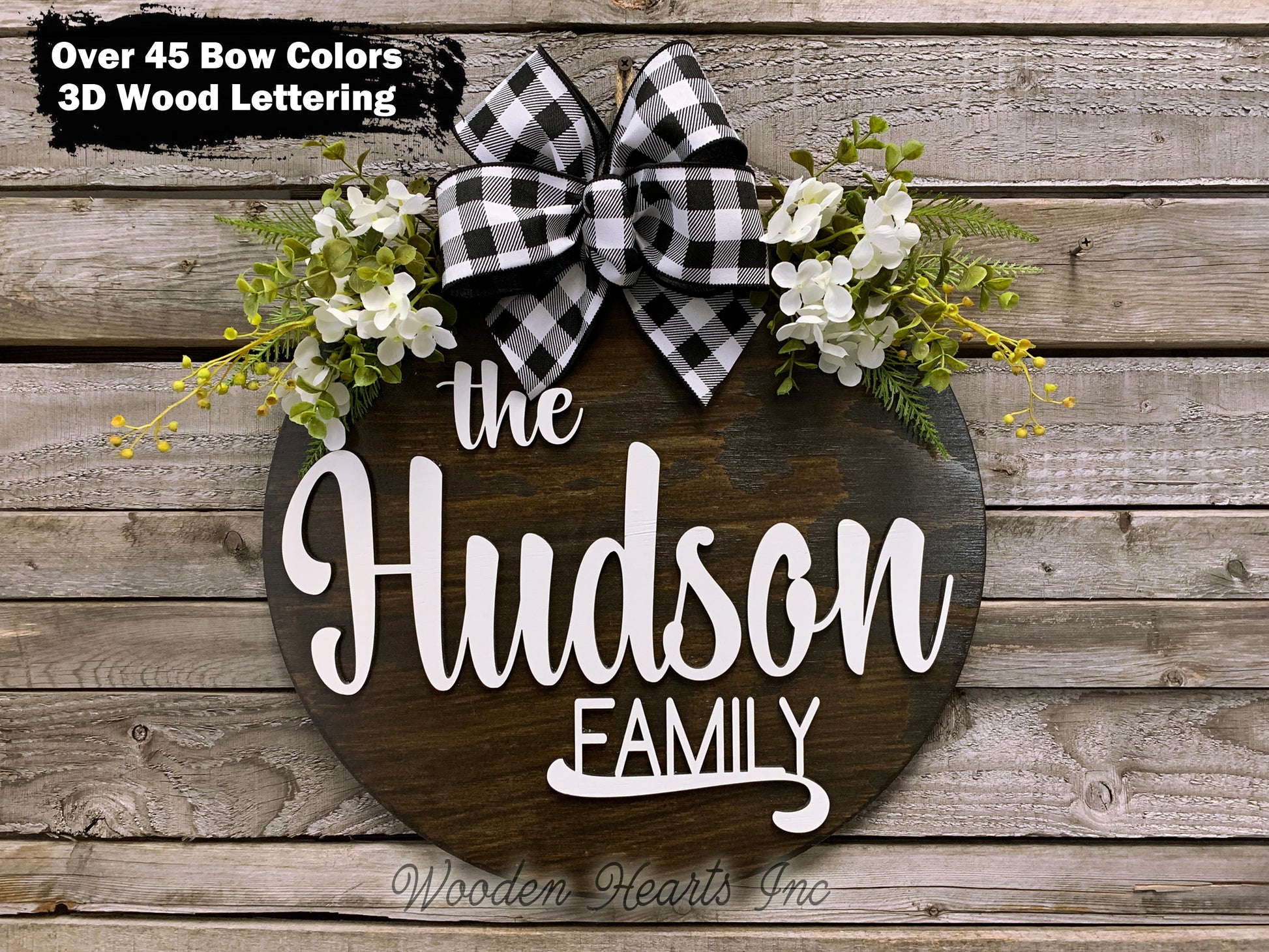 Personalized "The ____ Family" Door Hanger Welcome Wreath Custom Last Name 16" Round Sign - Wooden Hearts Inc