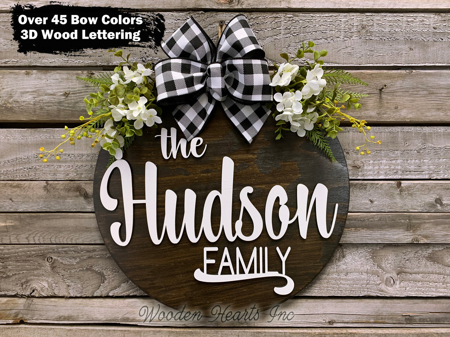 Personalized "The ____ Family" Door Hanger Welcome Wreath Custom Last Name 16" Round Sign - Wooden Hearts Inc
