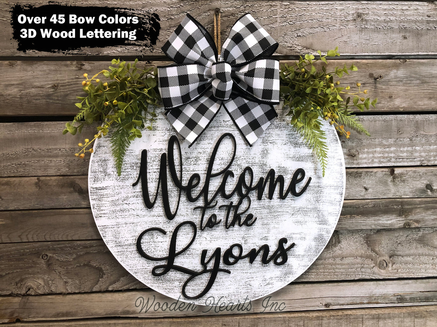 Personalized Door Hanger Welcome Wreath Custom Last Name 16" Round Sign Spring - Wooden Hearts Inc