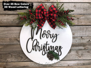 Merry Christmas Door Hanger Happy Holidays, Seasons Greetings, Wreath Custom 16" Round Sign - Wooden Hearts Inc