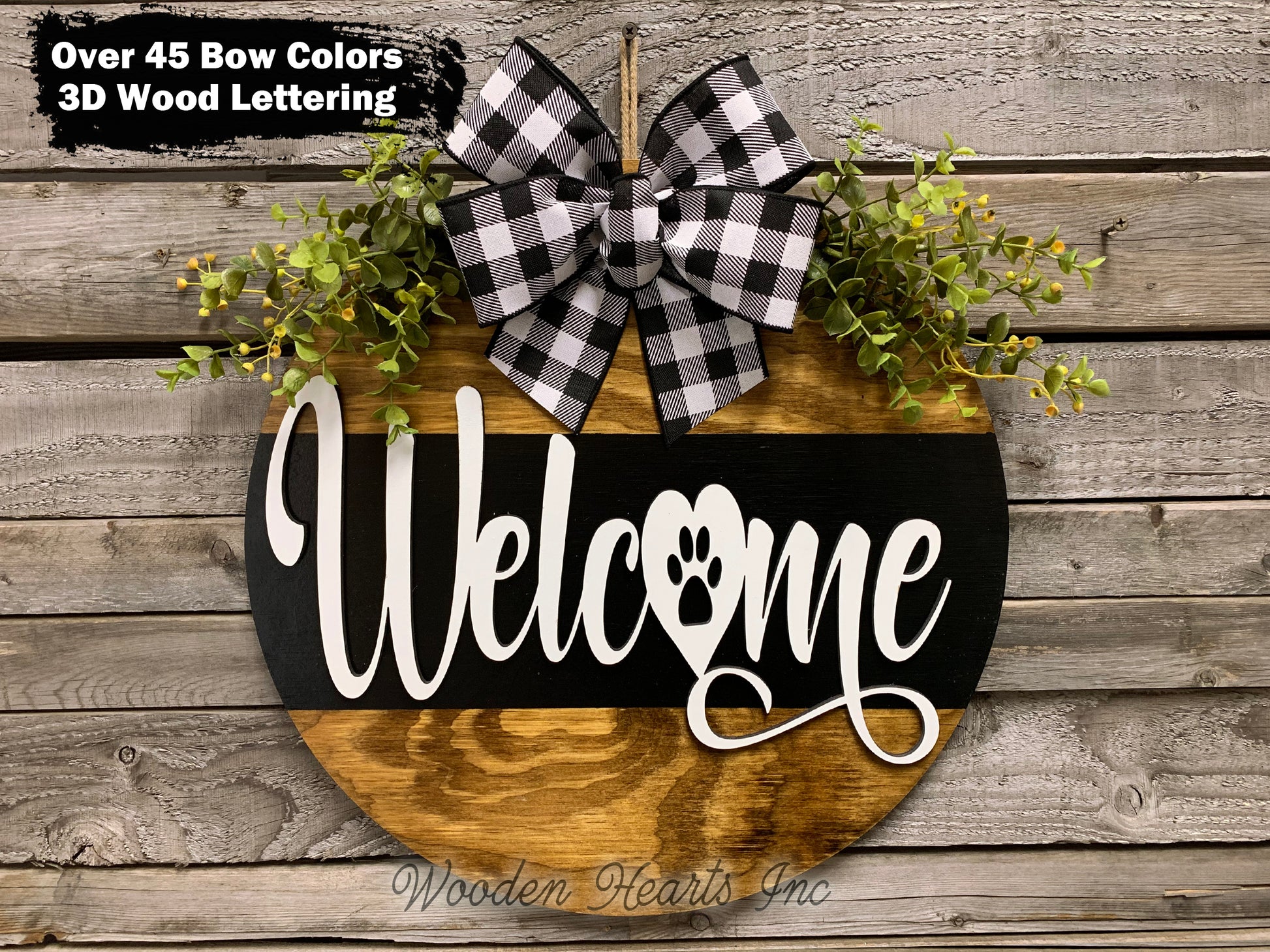 Welcome PAW PRINT Door Hanger with STRIPE Wreath 16" Cat Dog Pet Round Sign Spring - Wooden Hearts Inc