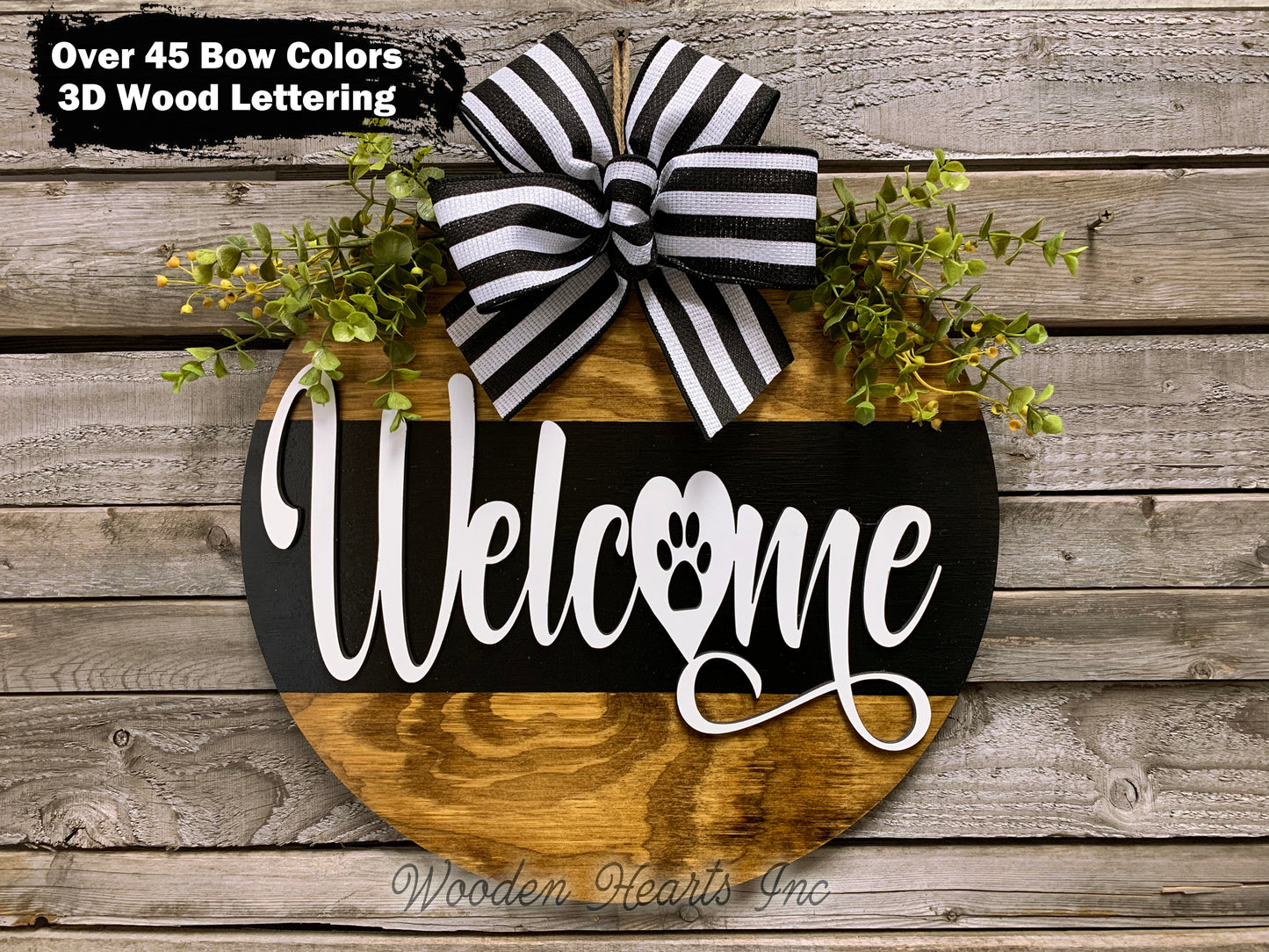 Welcome PAW PRINT Door Hanger with STRIPE Wreath 16" Cat Dog Pet Round Sign Spring - Wooden Hearts Inc