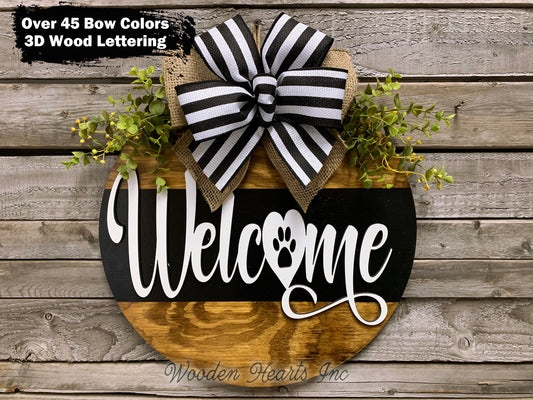 Welcome PAW PRINT Door Hanger with STRIPE Wreath 16" Cat Dog Pet Round Sign Spring - Wooden Hearts Inc