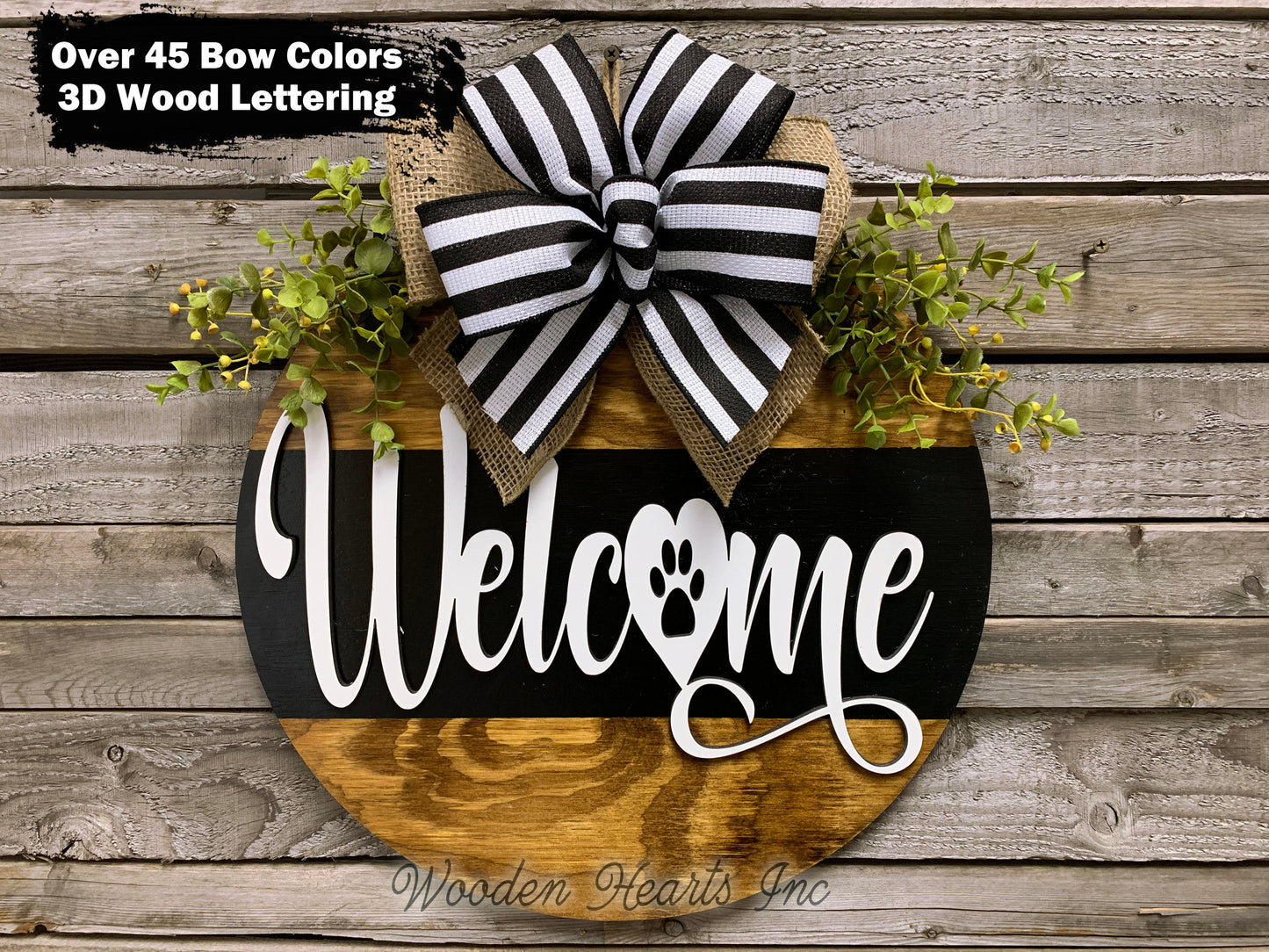 Welcome PAW PRINT Door Hanger with STRIPE Wreath 16" Cat Dog Pet Round Sign Spring - Wooden Hearts Inc