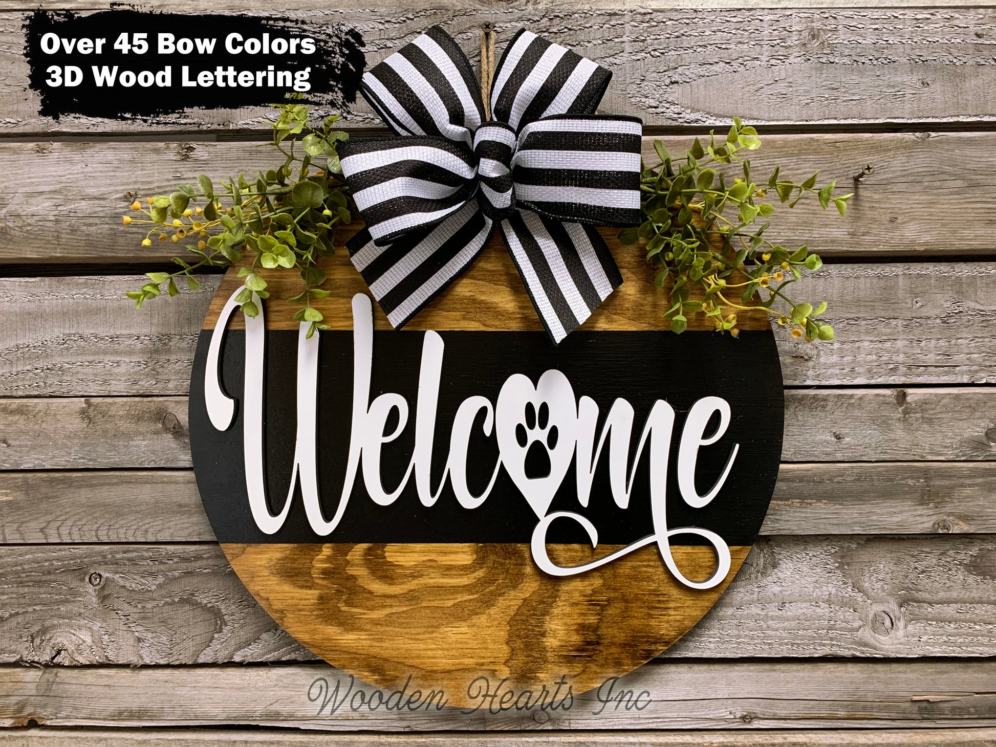 Welcome PAW PRINT Door Hanger with STRIPE Wreath 16" Cat Dog Pet Round Sign Spring - Wooden Hearts Inc
