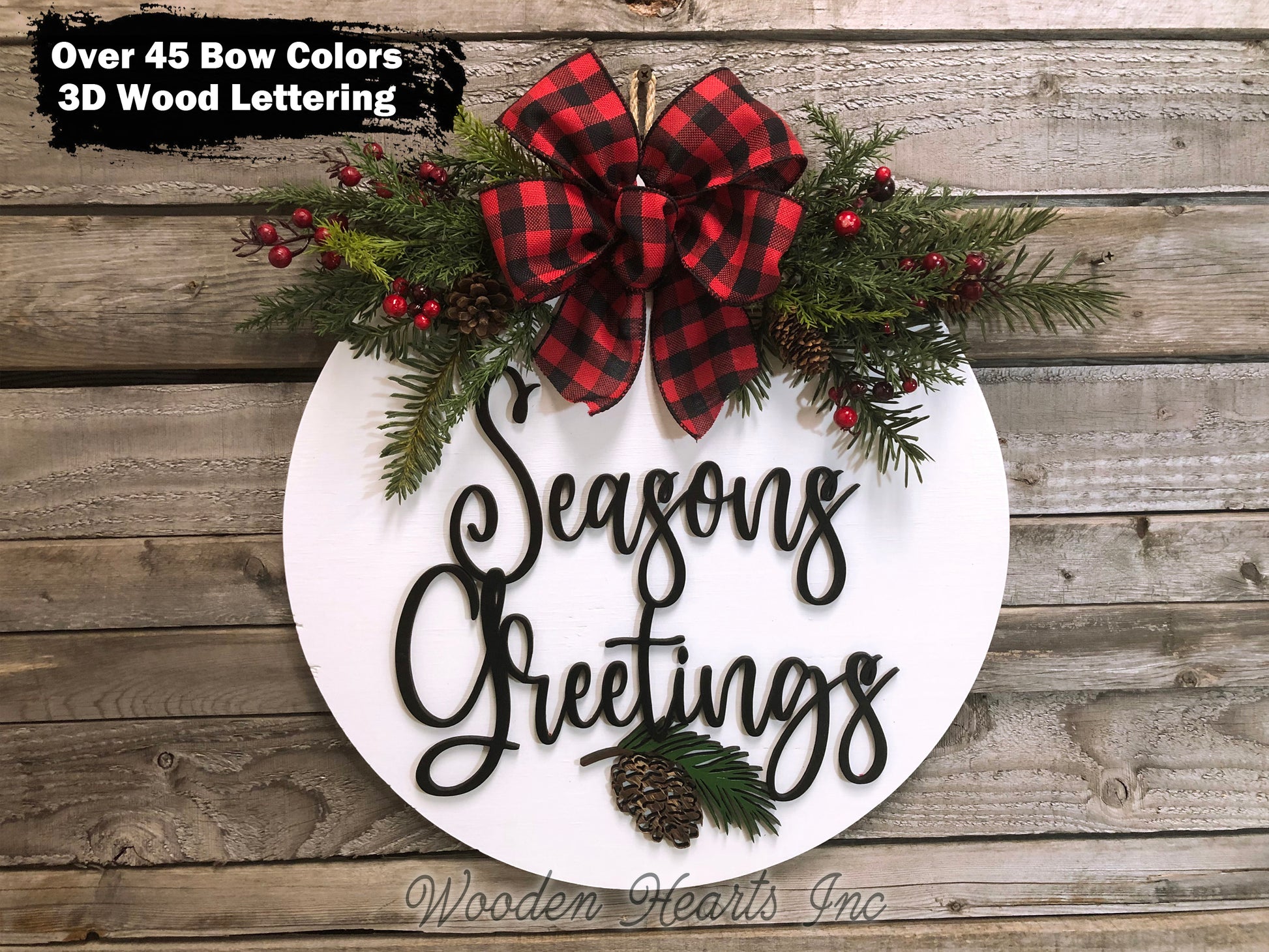 Seasons Greetings Door Hanger Happy Holidays, Merry Christmas, Wreath Custom 16" Round Sign - Wooden Hearts Inc