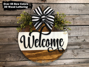 Welcome Door Hanger with STRIPE Wreath 16" Round Sign Spring - Wooden Hearts Inc