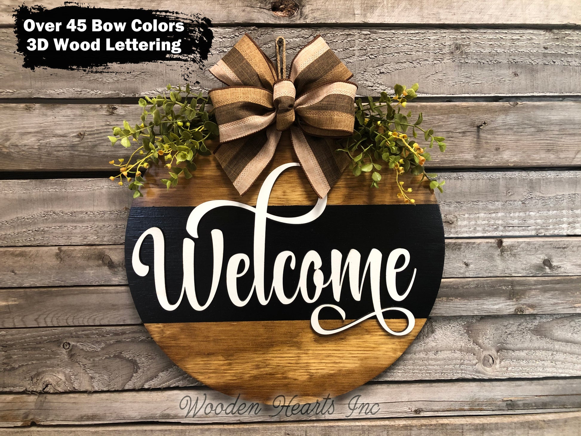 Welcome Door Hanger with STRIPE Wreath 16" Round Sign Spring - Wooden Hearts Inc
